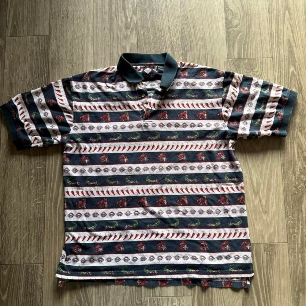 Tabasco All Over Print Polo Shirt  Men's Large Navy Chili Pepper Vintage 90s